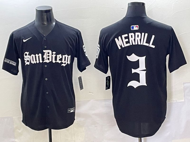 Men 2025 San Diego Padres #3 Merrill Black Five generations Joint Name Nike MLB Jersey style 15